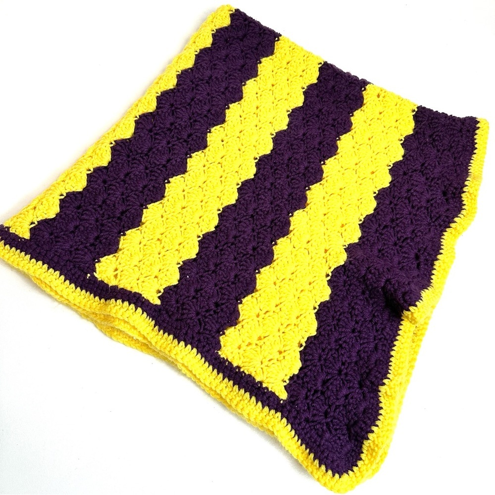 Handmade Crochet Afghan Throw Blanket Baby Size 38x40” Gold Purple
